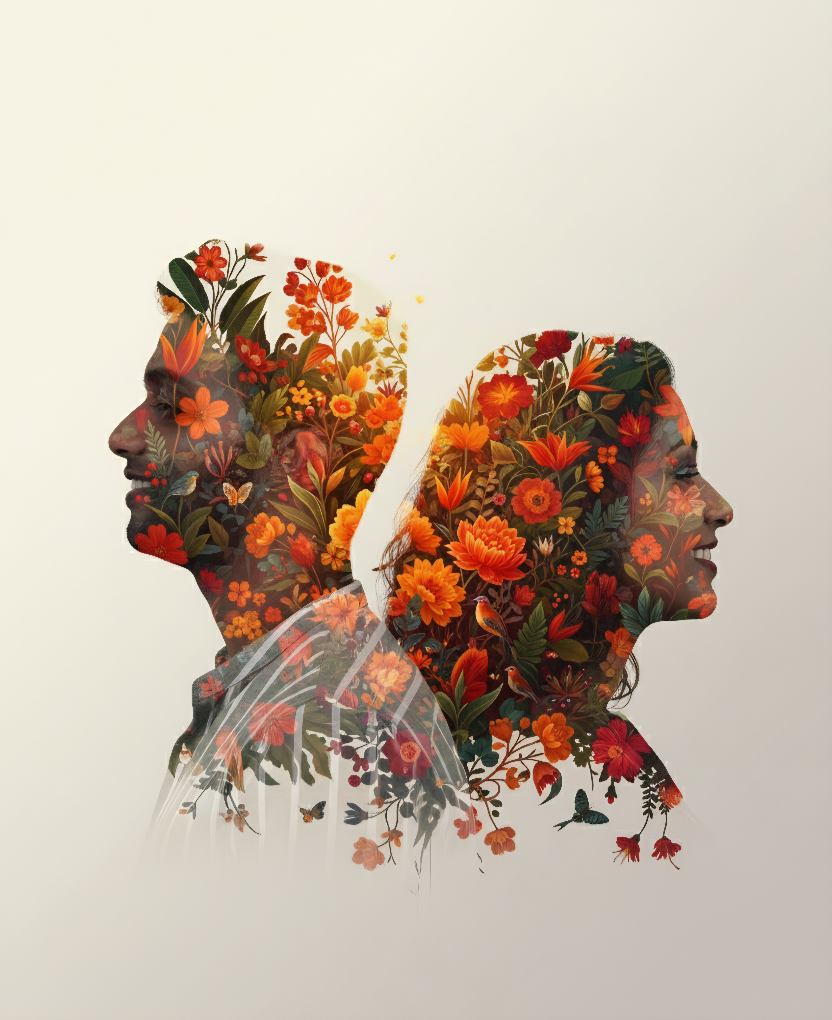 Beautiful floral double exposure wedding background featuring the couple